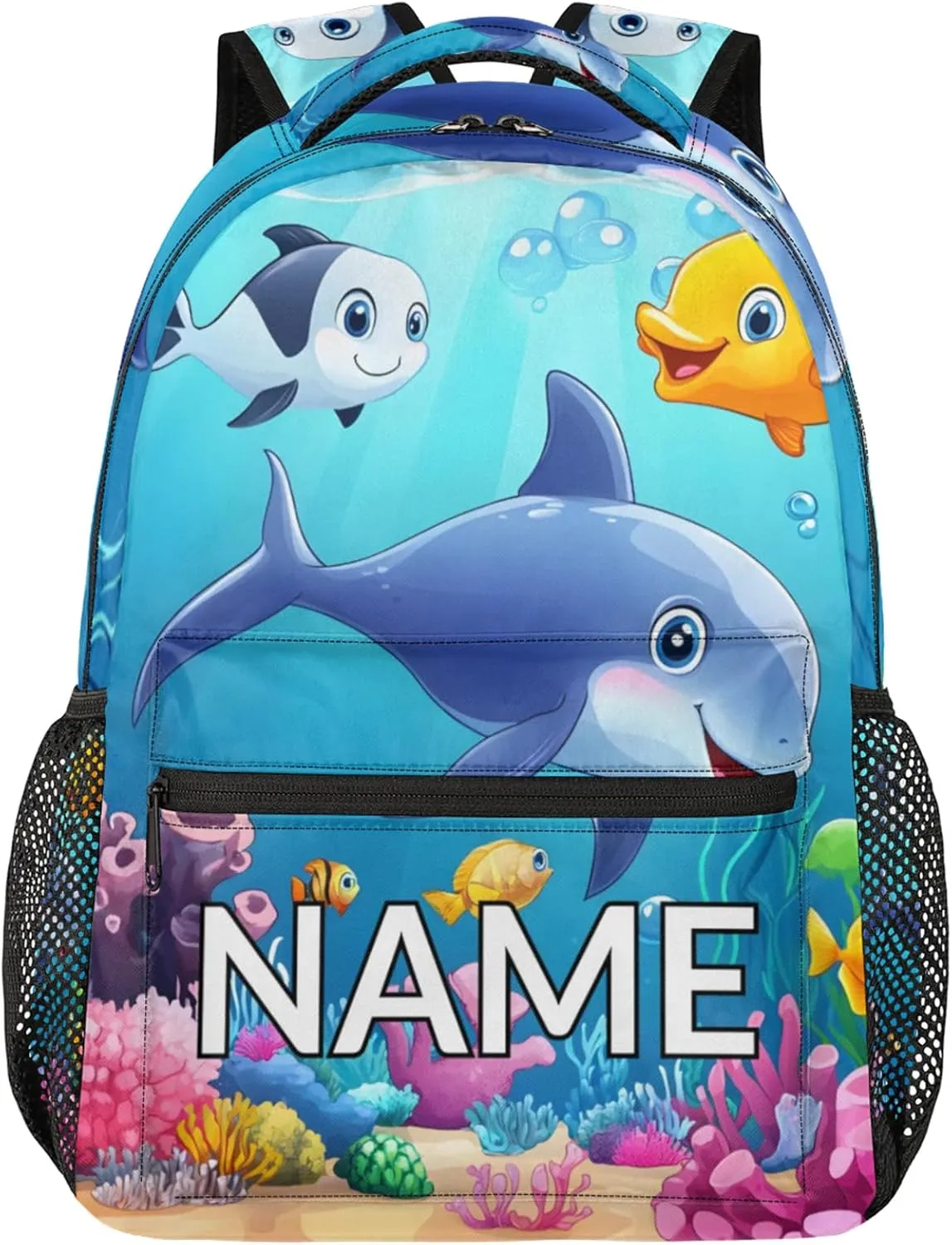 Custom Cute Dolphin Backpack with Name Personalized Waterproof Casual Daypack Blue Sea World Customize Laptop Backpacks for Women Men