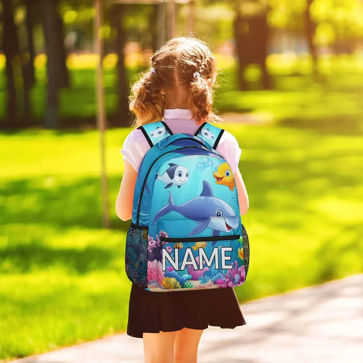 Custom Cute Dolphin Backpack with Name Personalized Waterproof Casual Daypack Blue Sea World Customize Laptop Backpacks for Women Men
