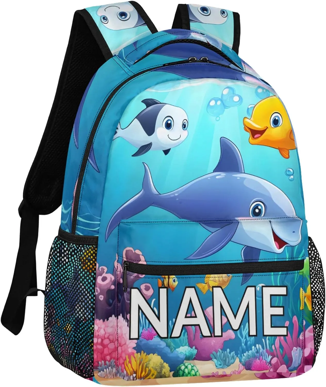 Custom Cute Dolphin Backpack with Name Personalized Waterproof Casual Daypack Blue Sea World Customize Laptop Backpacks for Women Men
