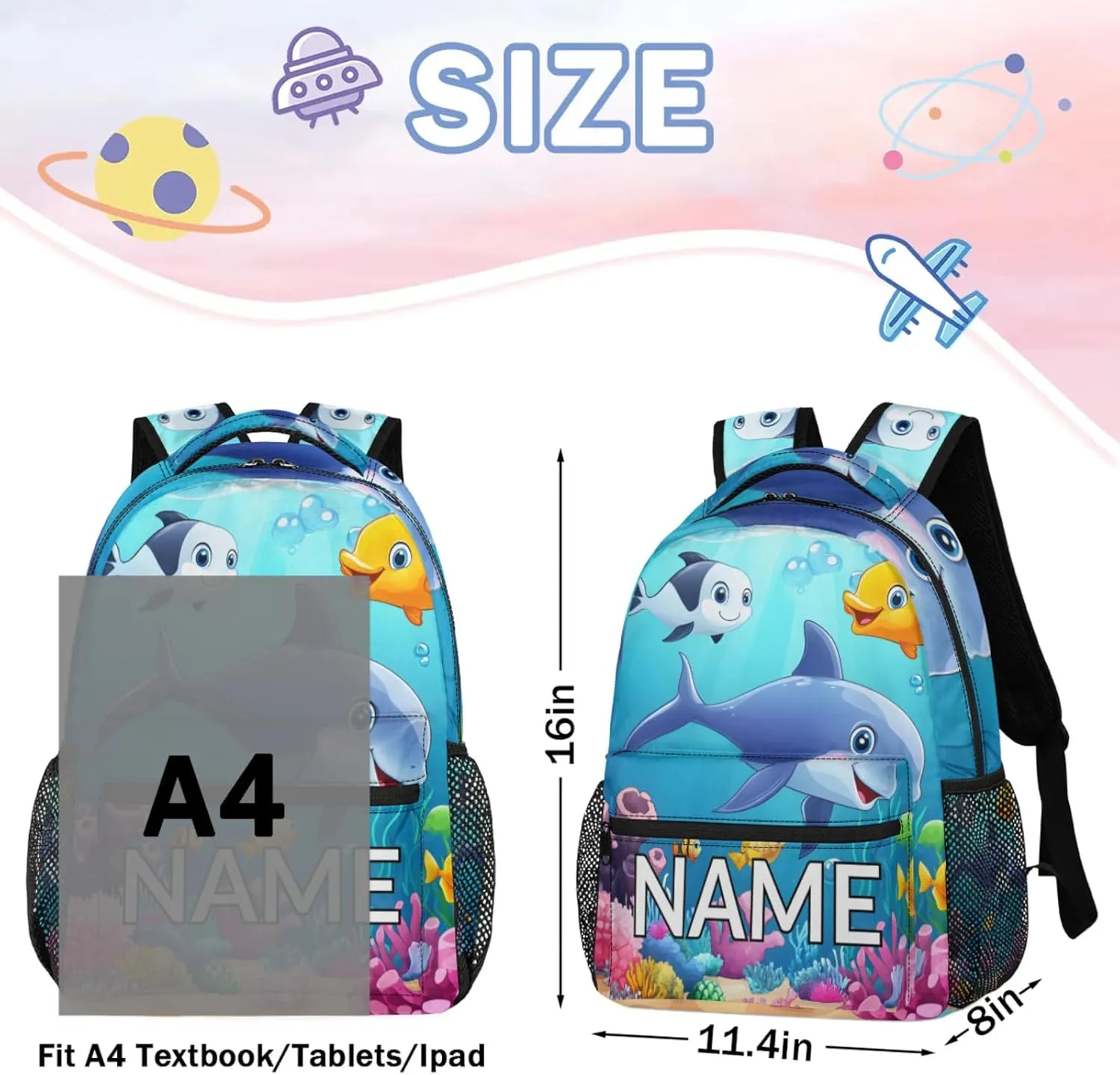 Custom Cute Dolphin Backpack with Name Personalized Waterproof Casual Daypack Blue Sea World Customize Laptop Backpacks for Women Men