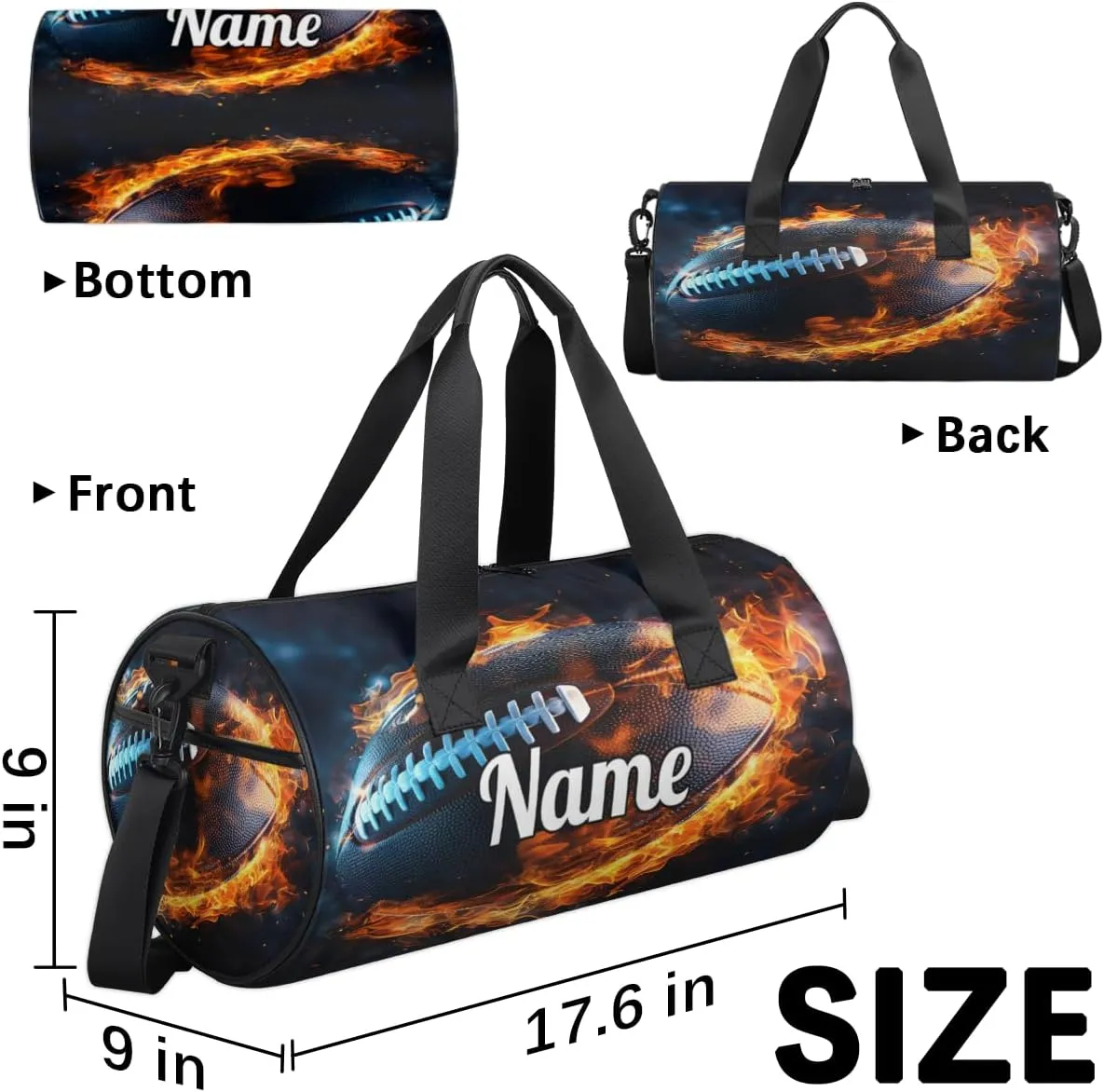 Custom Dance Duffel Bag Sport Backpacks Gyms and Weekend Overnight Travel Duffle Bag Birthday Christmas Halloween Waterproof, American Football Fire Ball