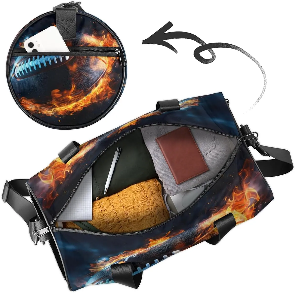 Custom Dance Duffel Bag Sport Backpacks Gyms and Weekend Overnight Travel Duffle Bag Birthday Christmas Halloween Waterproof, American Football Fire Ball