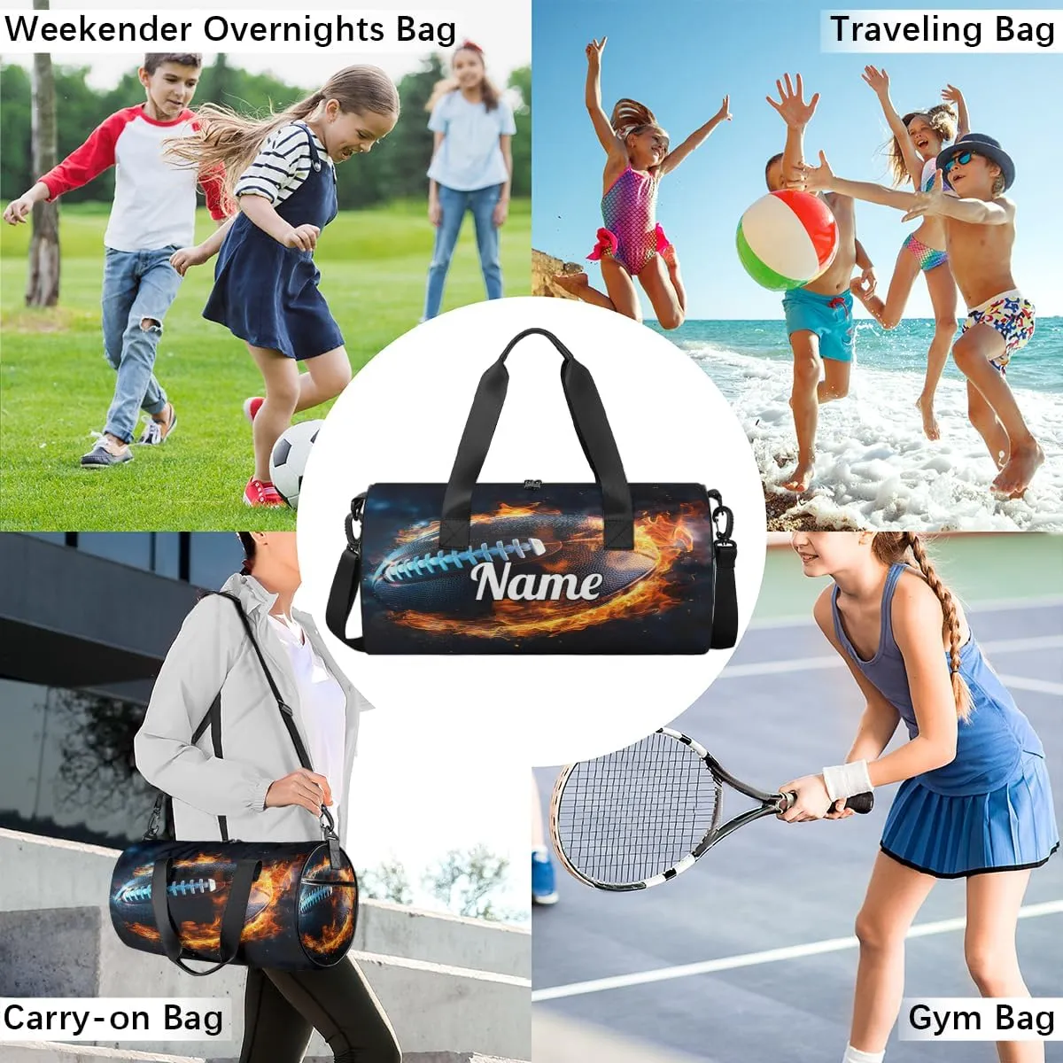 Custom Dance Duffel Bag Sport Backpacks Gyms and Weekend Overnight Travel Duffle Bag Birthday Christmas Halloween Waterproof, American Football Fire Ball