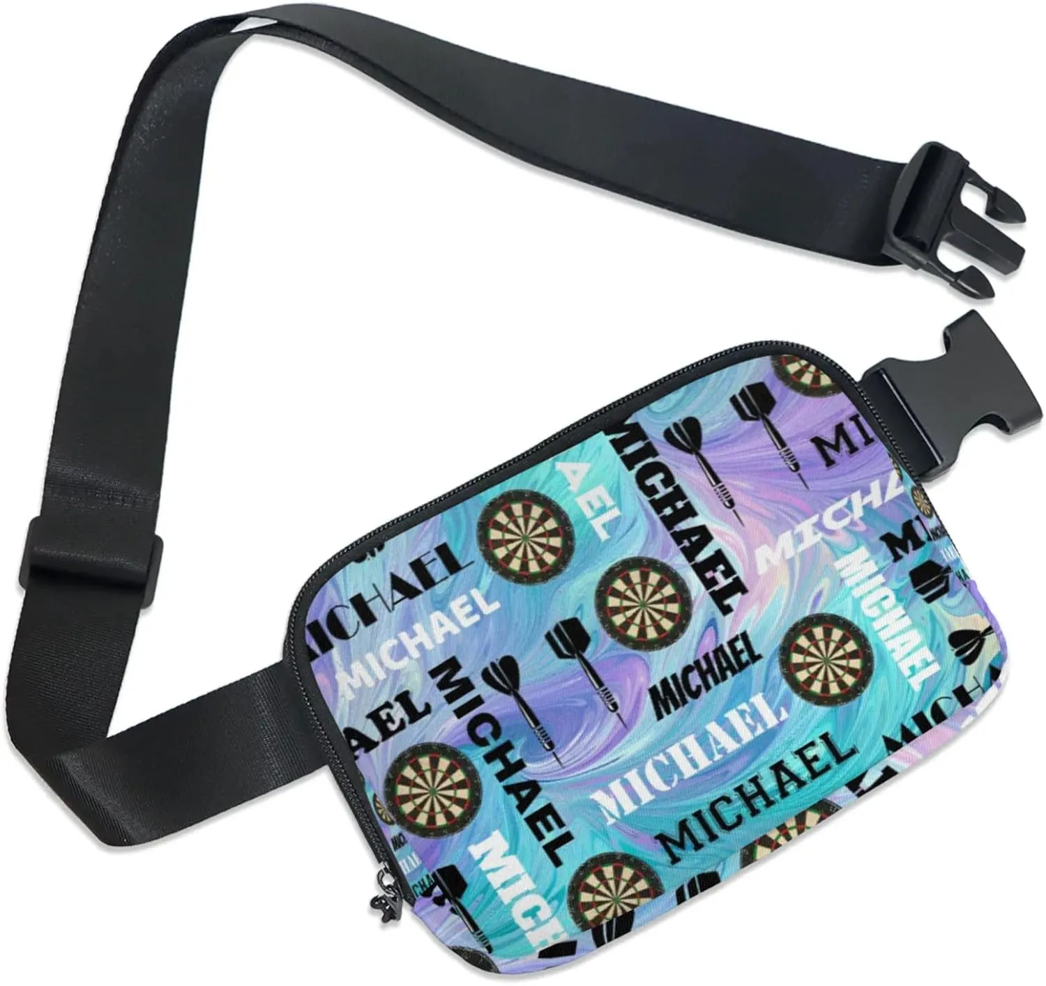 Custom Darts Fanny Pack for Women Men, Personalized Name Waist Packs Crossbody Belt Bag with Adjustable Strap for Sports Travel Workout Running Hiking, Blue Purple