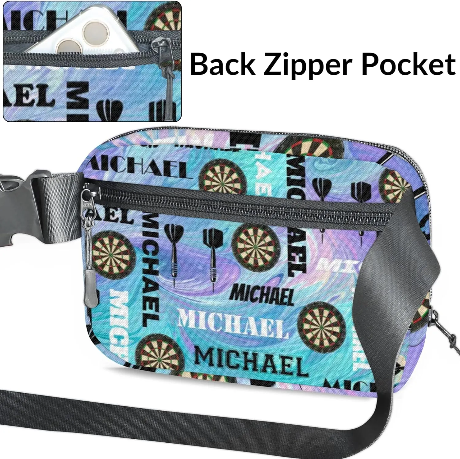 Custom Darts Fanny Pack for Women Men, Personalized Name Waist Packs Crossbody Belt Bag with Adjustable Strap for Sports Travel Workout Running Hiking, Blue Purple