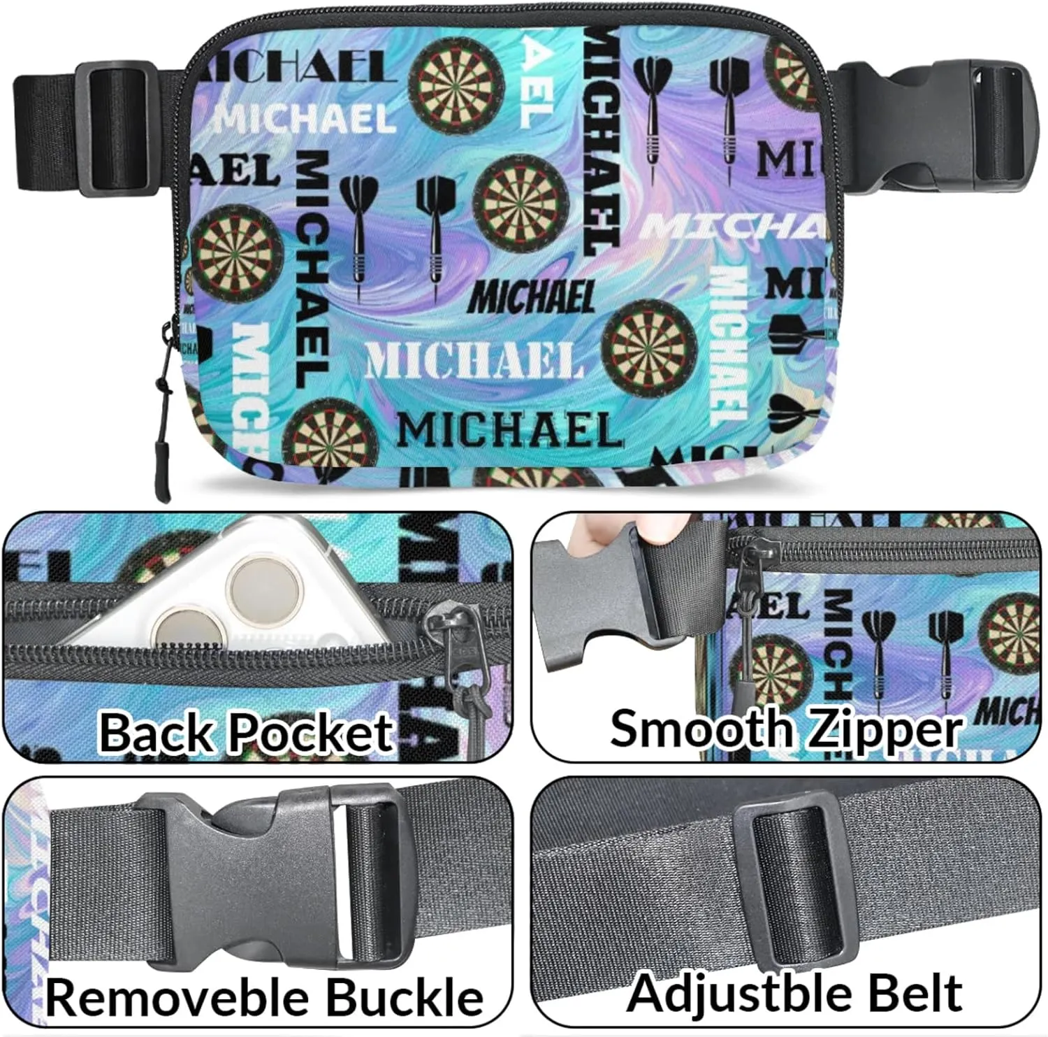 Custom Darts Fanny Pack for Women Men, Personalized Name Waist Packs Crossbody Belt Bag with Adjustable Strap for Sports Travel Workout Running Hiking, Blue Purple