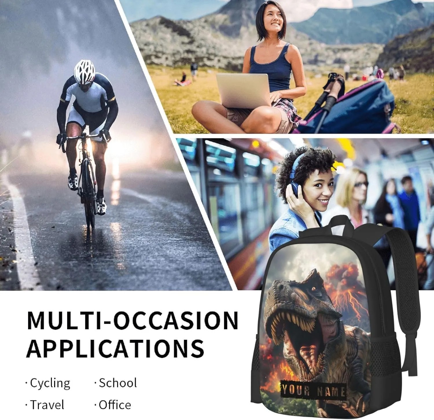 Custom Dinosaur Backpack,Personalized Cartoon Daypacks With Name/Text,Customized Laptop Backpack For Women Men,Casual Travel Computer Bag For Work Travel Camping(16.5in)