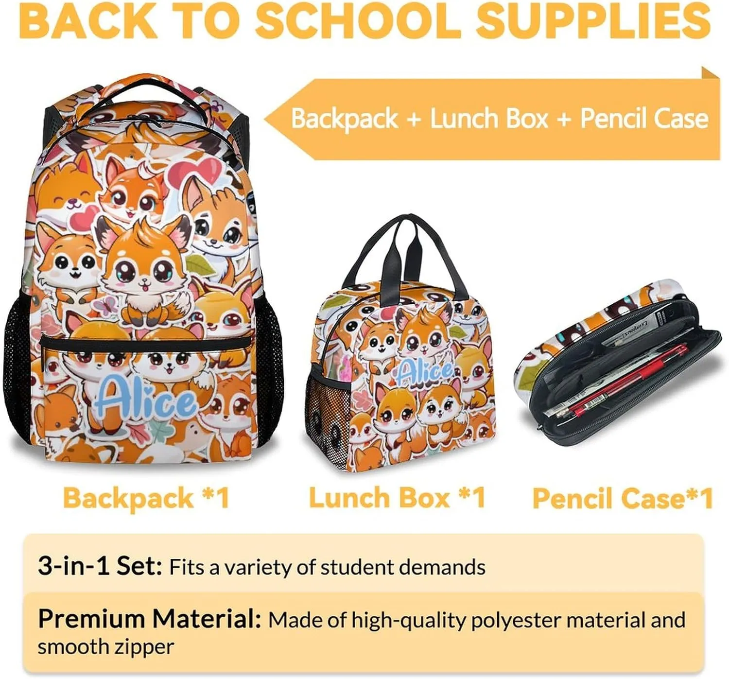 Custom Fox School Backpack with Lunch Box Set for Boys Girls, 3 in 1 Fox Backpacks Matching Combo, Cute Orange Bookbag and Pencil Case Bundle