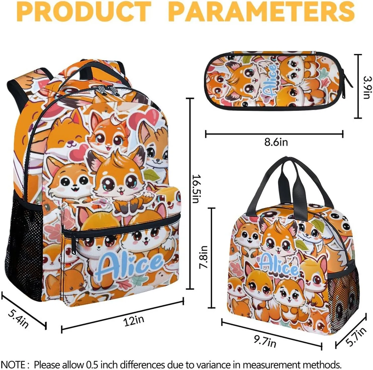 Custom Fox School Backpack with Lunch Box Set for Boys Girls, 3 in 1 Fox Backpacks Matching Combo, Cute Orange Bookbag and Pencil Case Bundle