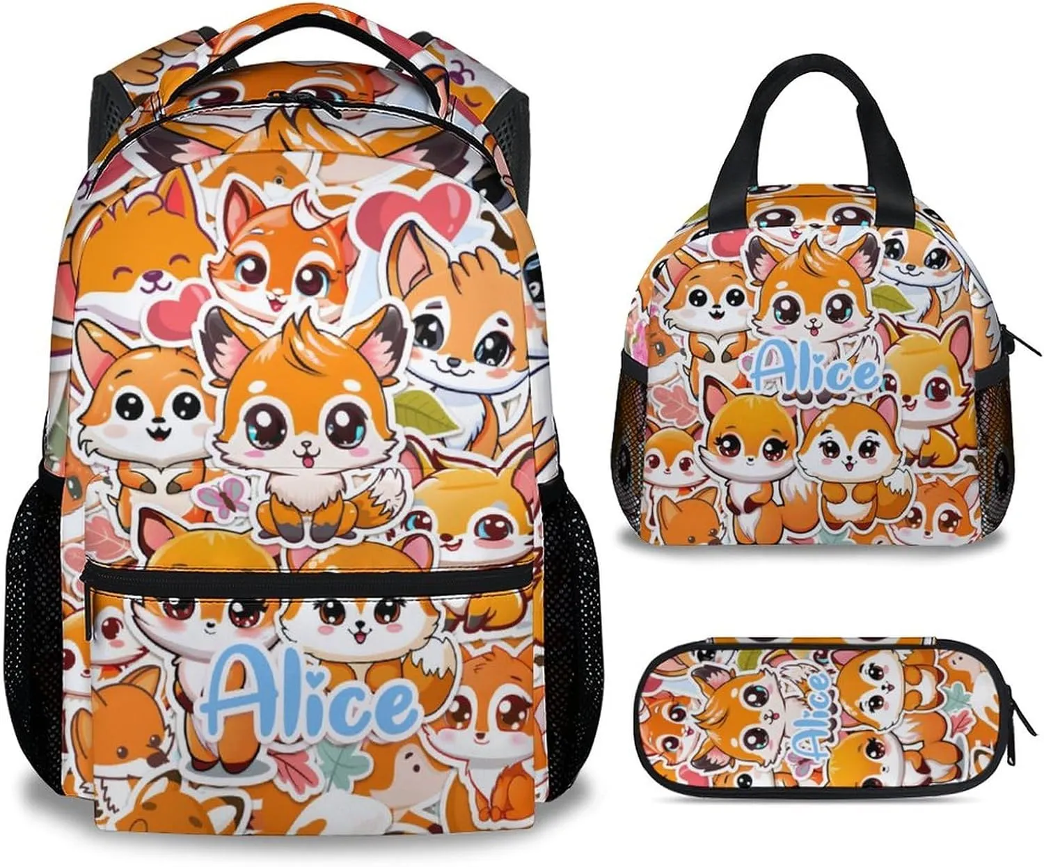 Custom Fox School Backpack with Lunch Box Set for Boys Girls, 3 in 1 Fox Backpacks Matching Combo, Cute Orange Bookbag and Pencil Case Bundle