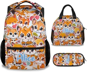 Custom Fox School Backpack with Lunch Box Set for Boys Girls, 3 in 1 Fox Backpacks Matching Combo, Cute Orange Bookbag and Pencil Case Bundle