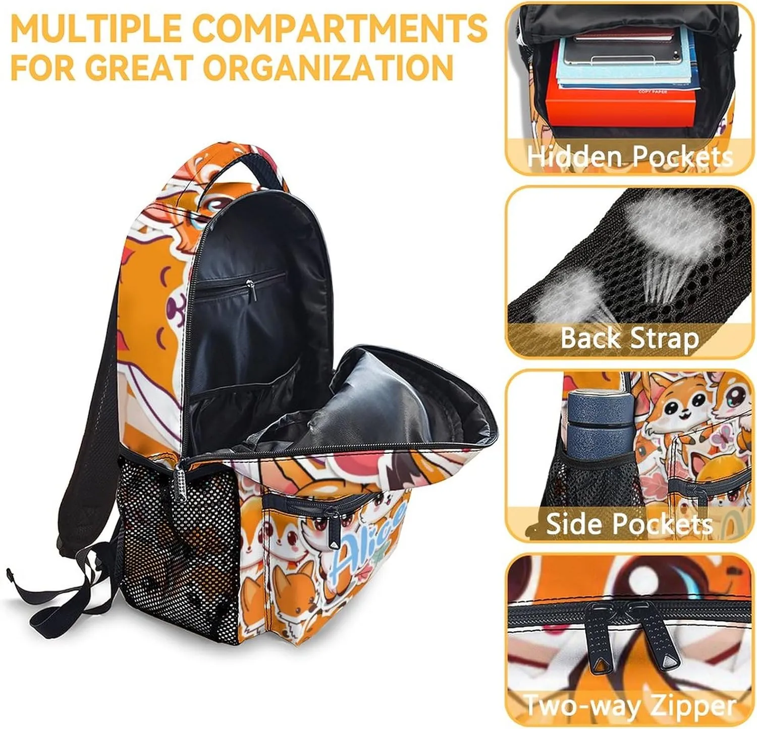 Custom Fox School Backpack with Lunch Box Set for Boys Girls, 3 in 1 Fox Backpacks Matching Combo, Cute Orange Bookbag and Pencil Case Bundle