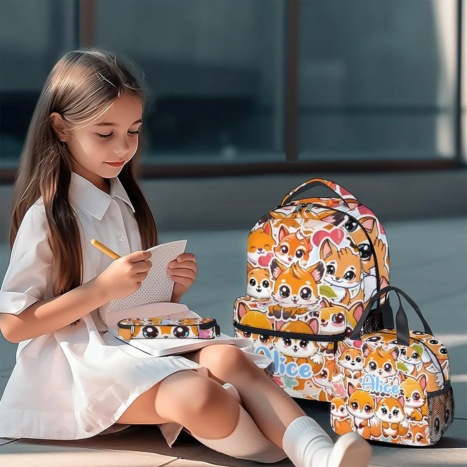 Custom Fox School Backpack with Lunch Box Set for Boys Girls, 3 in 1 Fox Backpacks Matching Combo, Cute Orange Bookbag and Pencil Case Bundle
