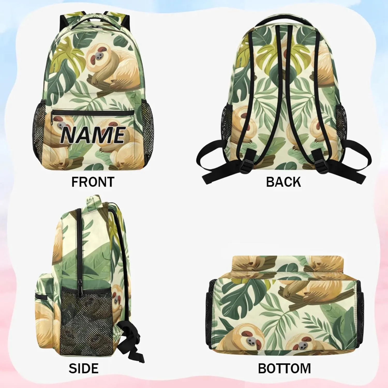 Custom Funny Sloth Backpack with Name Personalized Waterproof Casual Daypack Jungle Cute Sloth Customize Laptop Backpacks for Women Men