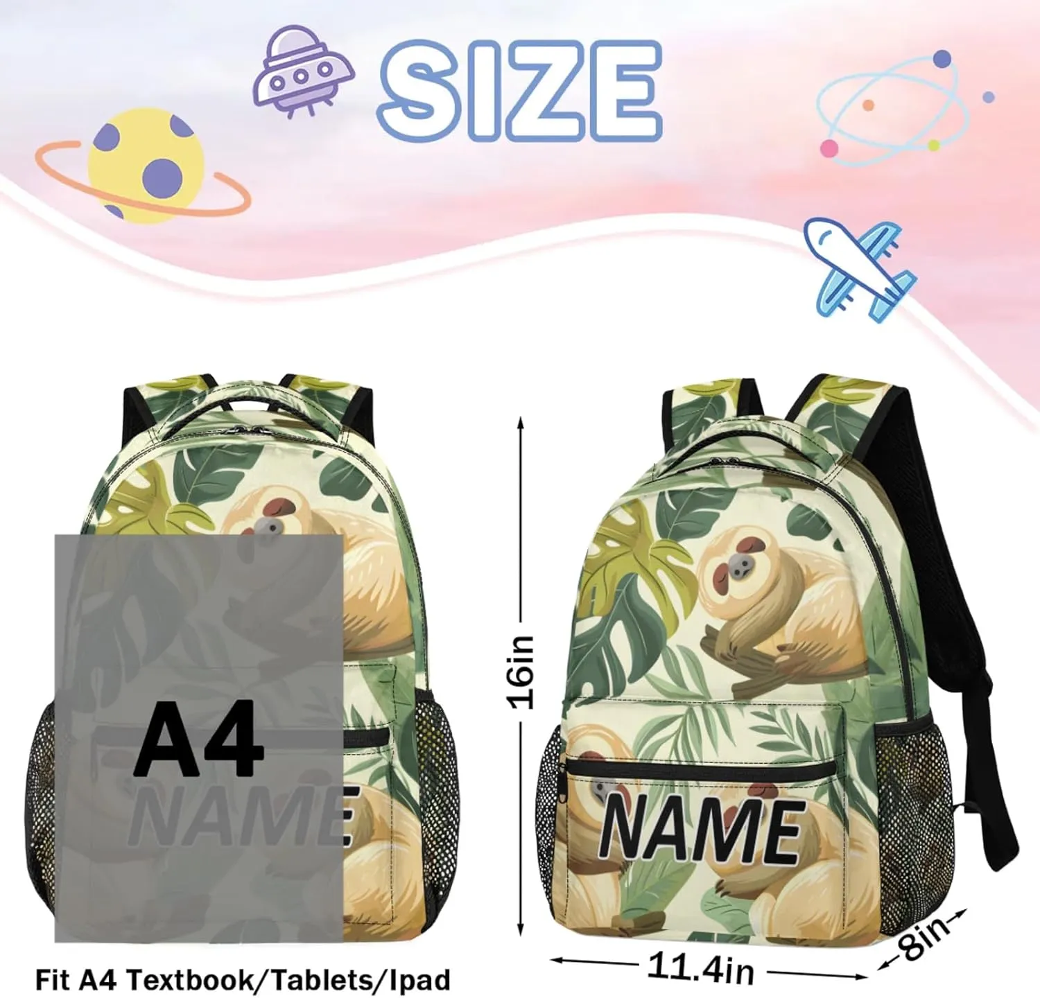 Custom Funny Sloth Backpack with Name Personalized Waterproof Casual Daypack Jungle Cute Sloth Customize Laptop Backpacks for Women Men