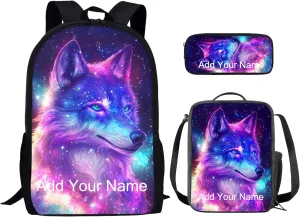 Custom Galaxy Wolf Backpack School Bag Boys Secondary School Girls Schoolbag for Kids Bookbag with Lunch Box Pencil Purse Hiking Camping Travel Picnic Personalized Backpacks Rucksacks