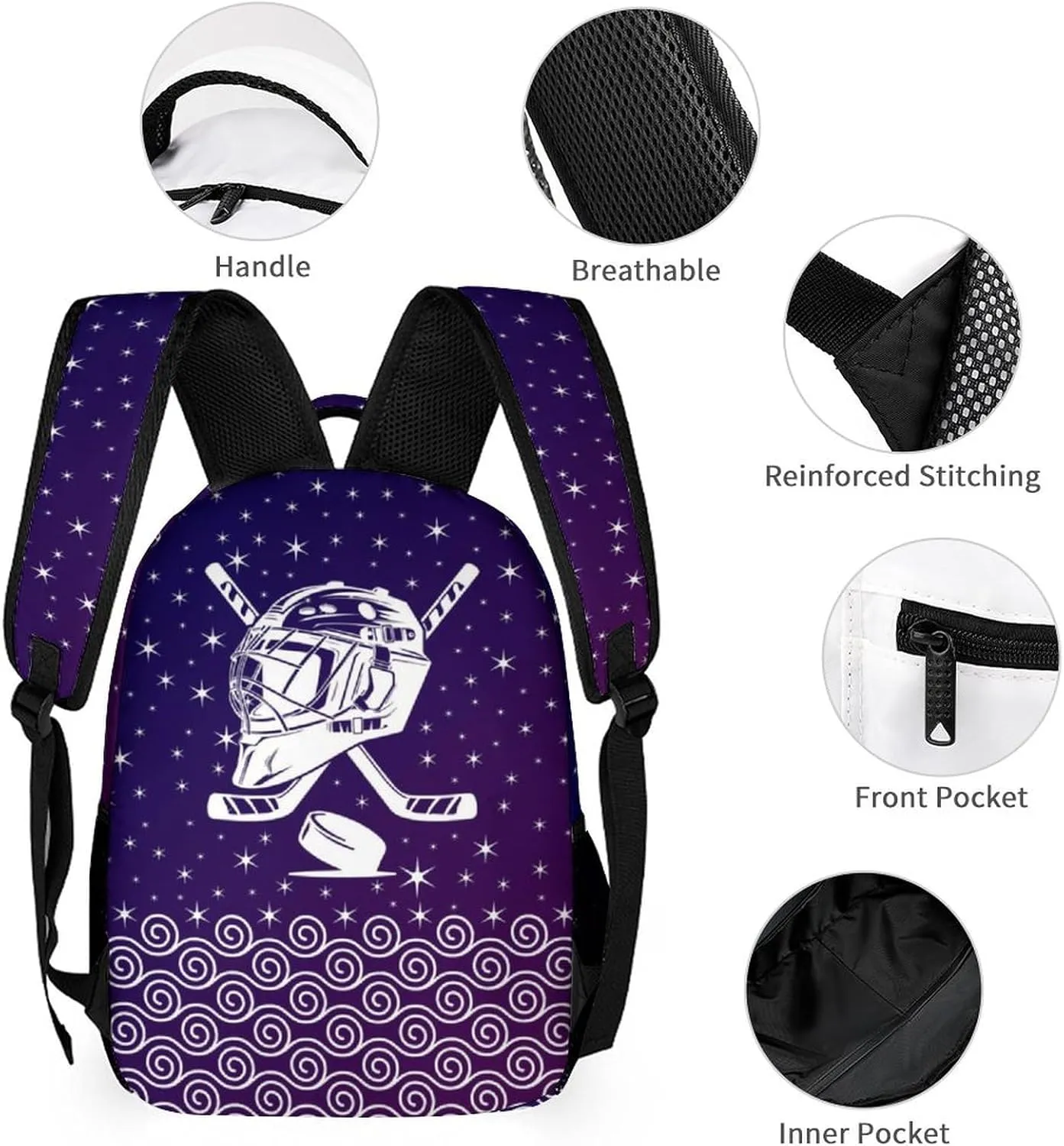 Custom Hockey Backpack with Lunch Box & Pencil Case, 16 Inch Cool Hockey Ball Themed Bookbag, Adjustable Lightweight Large Capacity, Colorful Daily Casual Purple Backpacks Set with Lunch Bag