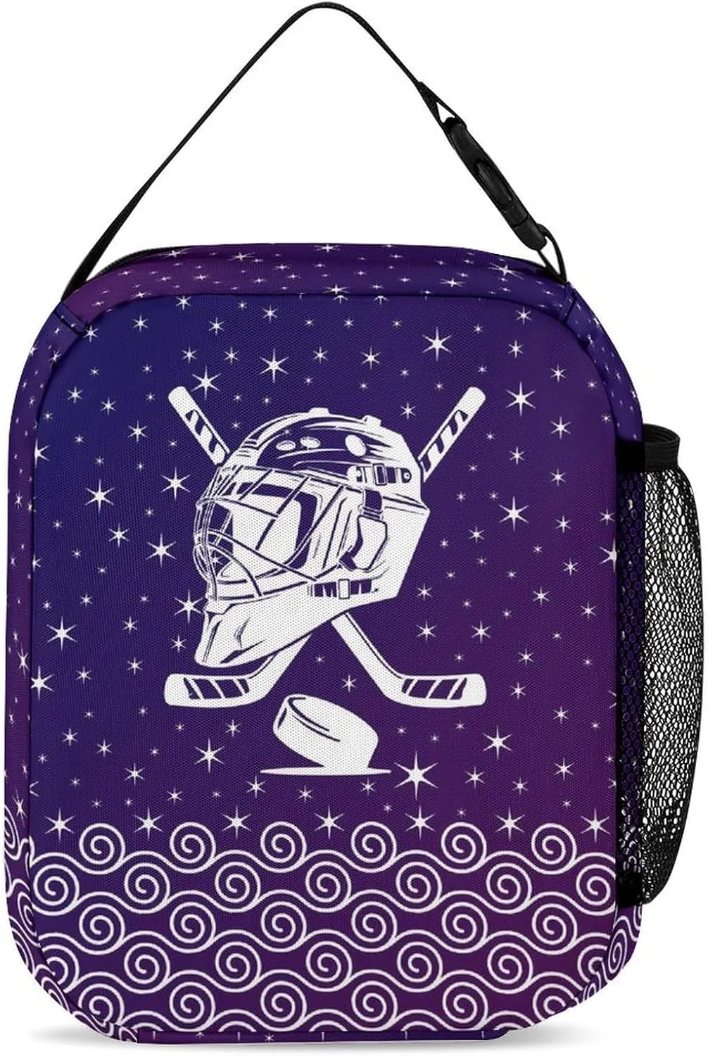 Custom Hockey Backpack with Lunch Box & Pencil Case, 16 Inch Cool Hockey Ball Themed Bookbag, Adjustable Lightweight Large Capacity, Colorful Daily Casual Purple Backpacks Set with Lunch Bag