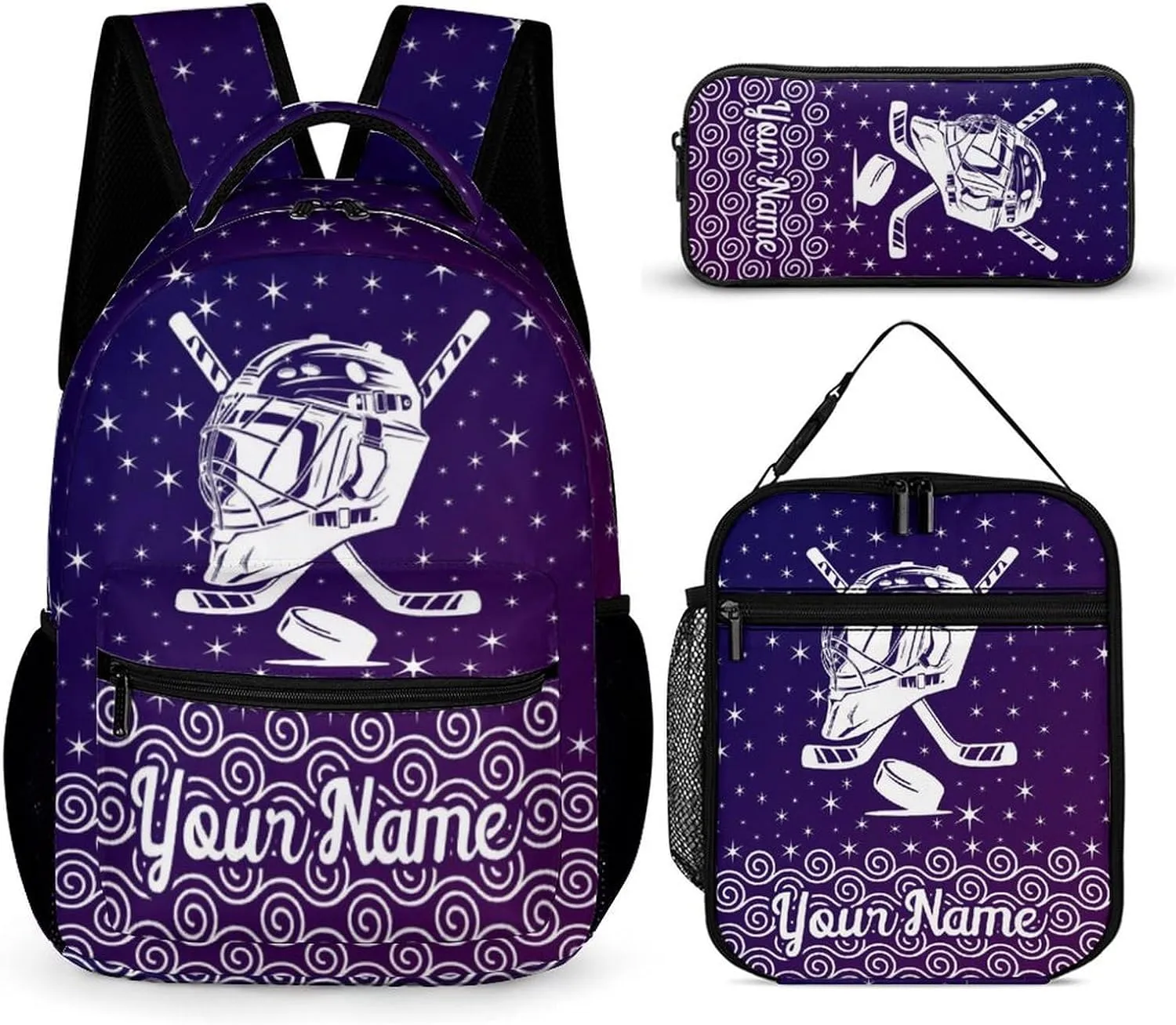 Custom Hockey Backpack with Lunch Box & Pencil Case, 16 Inch Cool Hockey Ball Themed Bookbag, Adjustable Lightweight Large Capacity, Colorful Daily Casual Purple Backpacks Set with Lunch Bag