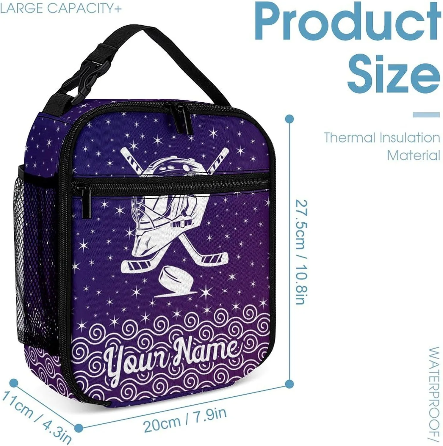 Custom Hockey Backpack with Lunch Box & Pencil Case, 16 Inch Cool Hockey Ball Themed Bookbag, Adjustable Lightweight Large Capacity, Colorful Daily Casual Purple Backpacks Set with Lunch Bag