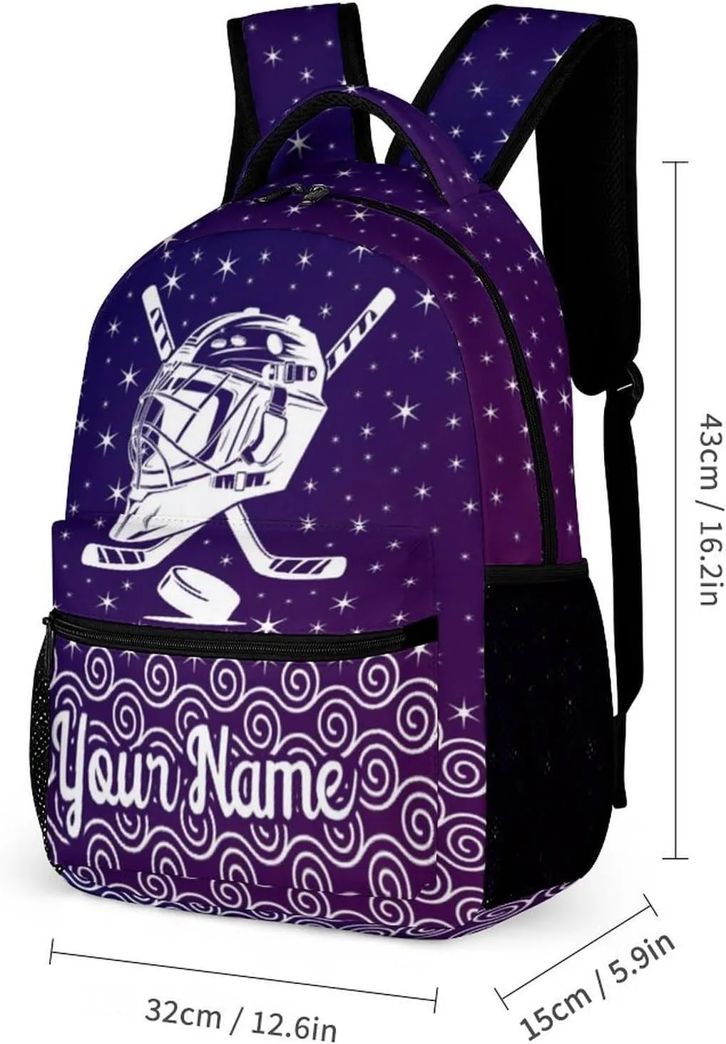 Custom Hockey Backpack with Lunch Box & Pencil Case, 16 Inch Cool Hockey Ball Themed Bookbag, Adjustable Lightweight Large Capacity, Colorful Daily Casual Purple Backpacks Set with Lunch Bag