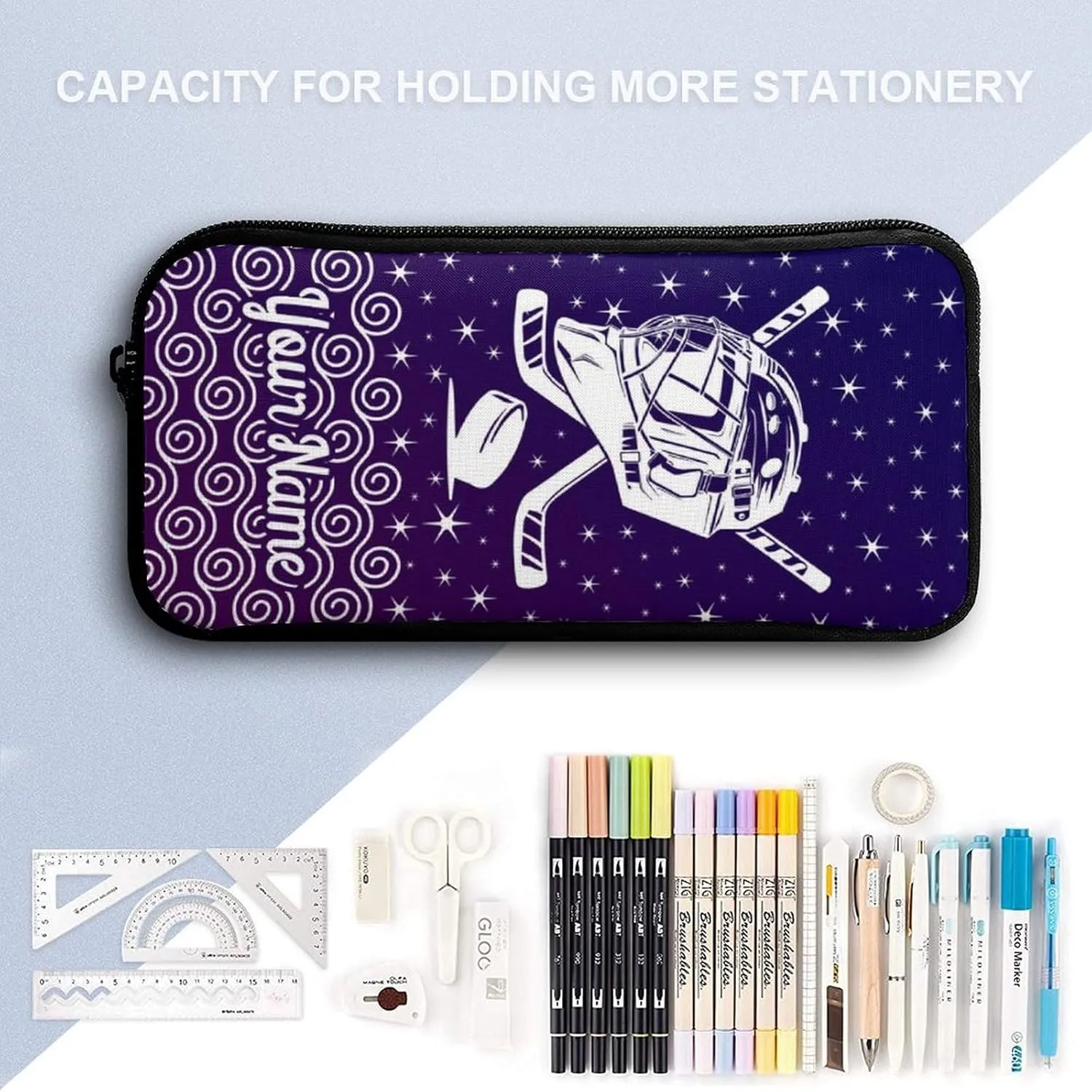 Custom Hockey Backpack with Lunch Box & Pencil Case, 16 Inch Cool Hockey Ball Themed Bookbag, Adjustable Lightweight Large Capacity, Colorful Daily Casual Purple Backpacks Set with Lunch Bag