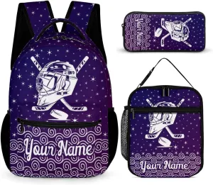 Custom Hockey Backpack with Lunch Box & Pencil Case, 16 Inch Cool Hockey Ball Themed Bookbag, Adjustable Lightweight Large Capacity, Colorful Daily Casual Purple Backpacks Set with Lunch Bag