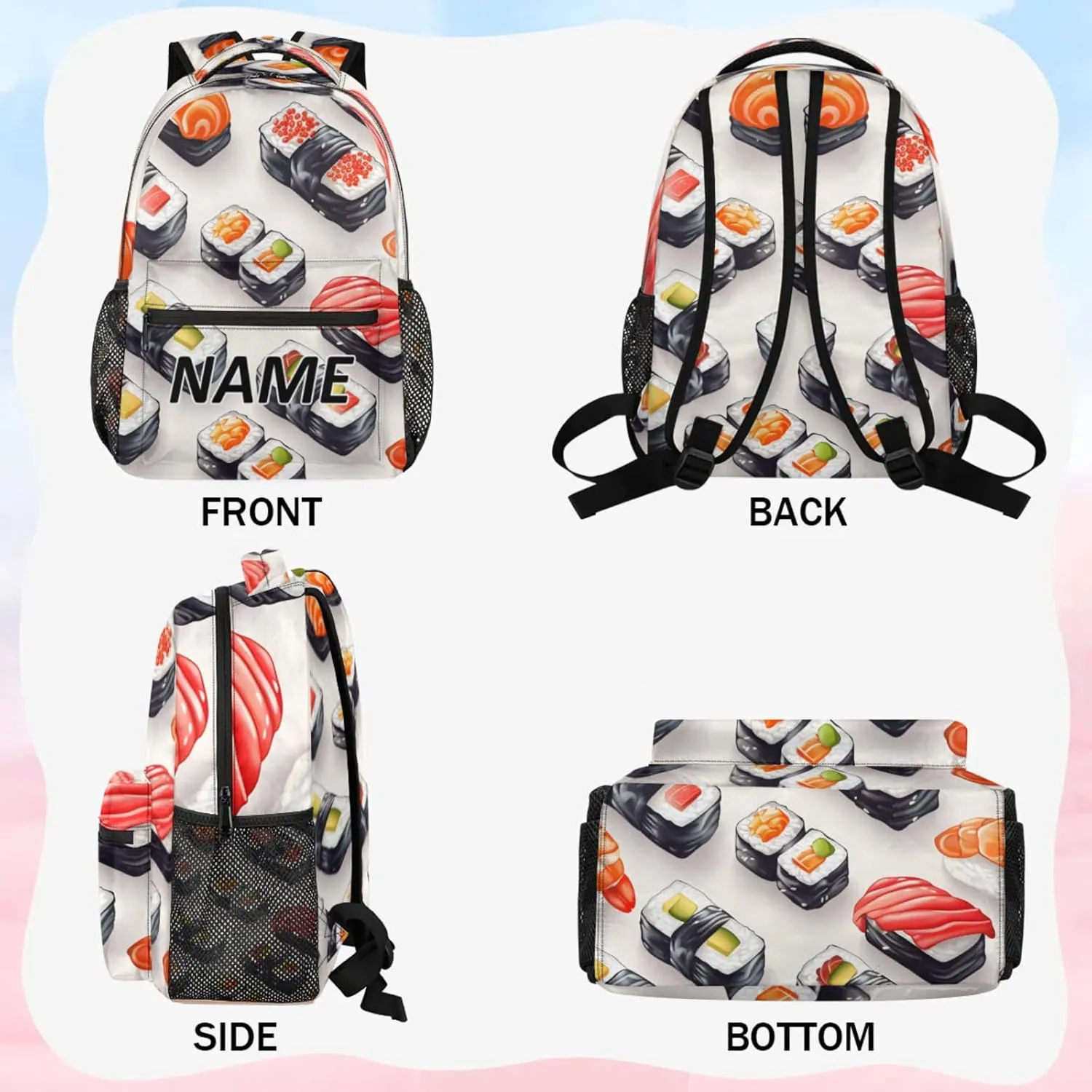 Custom Kawaii Sushi Food Backpack with Name Personalized Waterproof Casual Daypack Cartoon Funny Customize Laptop Backpacks for Women Men