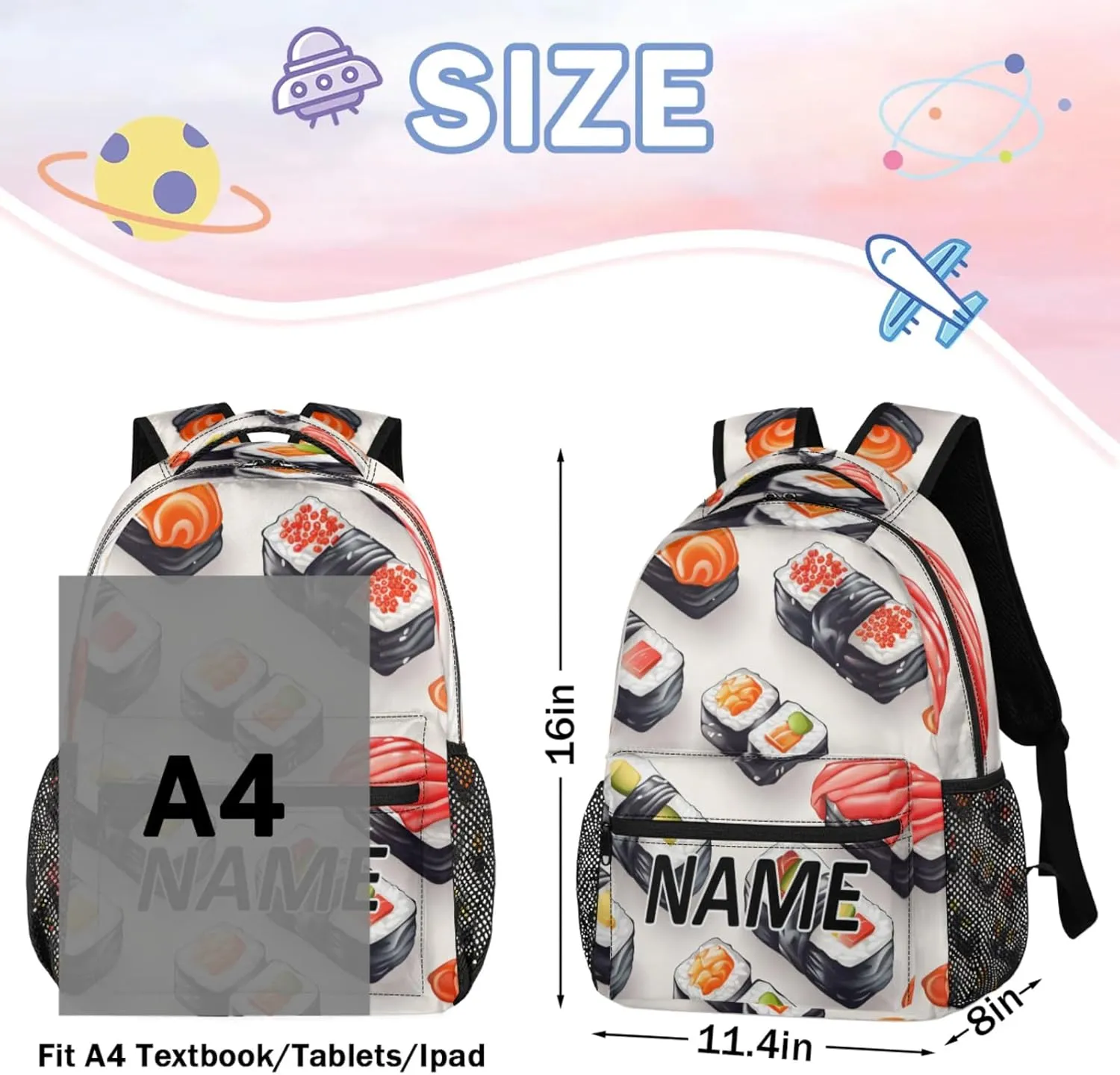 Custom Kawaii Sushi Food Backpack with Name Personalized Waterproof Casual Daypack Cartoon Funny Customize Laptop Backpacks for Women Men
