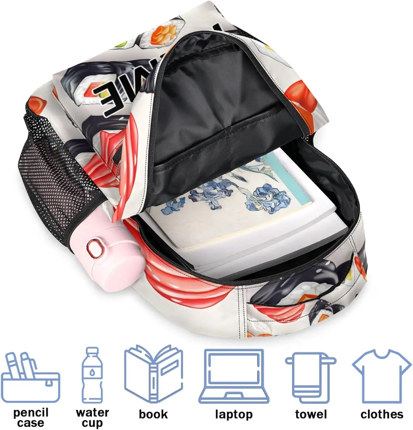Custom Kawaii Sushi Food Backpack with Name Personalized Waterproof Casual Daypack Cartoon Funny Customize Laptop Backpacks for Women Men