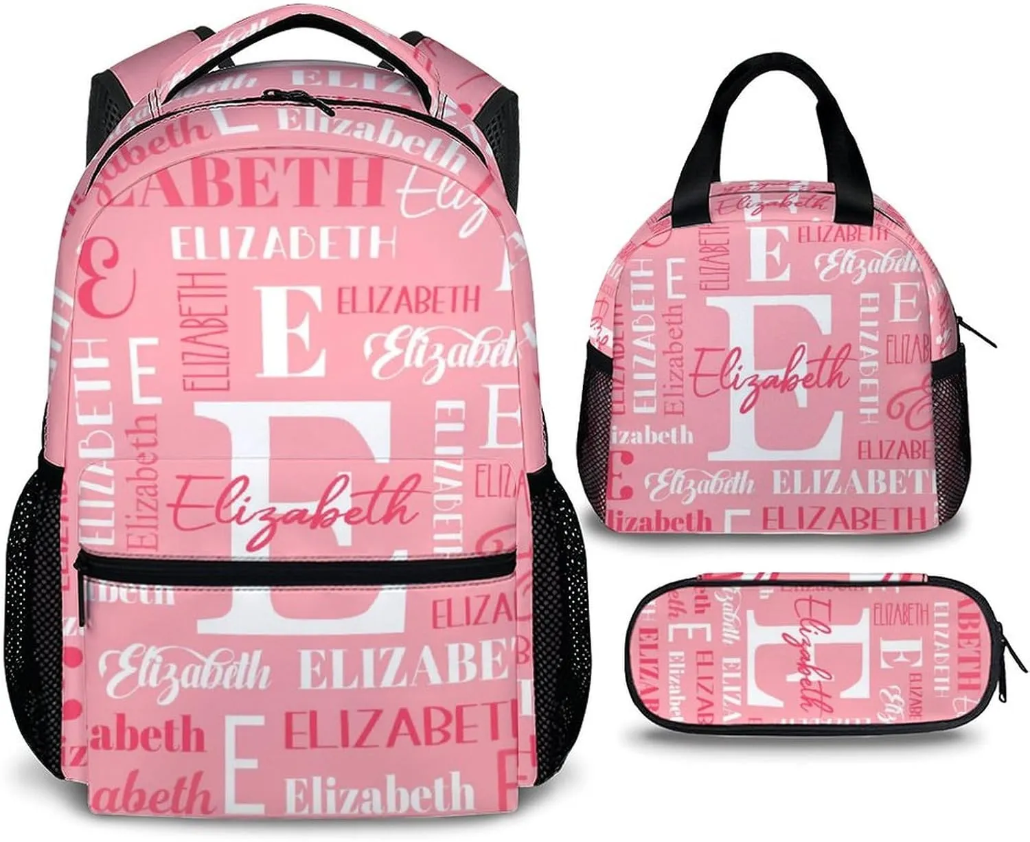 Custom Kids Backpacks, 3 in 1 Girls School Backpack Set for Students, Personalized Pink Bookbag with Lunchbag Matching Combo for Kindergarten Preschool Elementary, Back to School Supplies