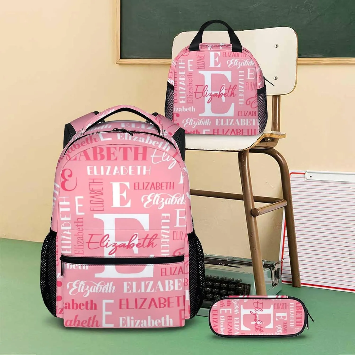 Custom Kids Backpacks, 3 in 1 Girls School Backpack Set for Students, Personalized Pink Bookbag with Lunchbag Matching Combo for Kindergarten Preschool Elementary, Back to School Supplies