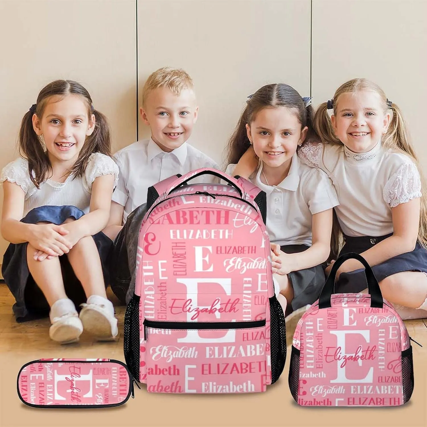 Custom Kids Backpacks, 3 in 1 Girls School Backpack Set for Students, Personalized Pink Bookbag with Lunchbag Matching Combo for Kindergarten Preschool Elementary, Back to School Supplies