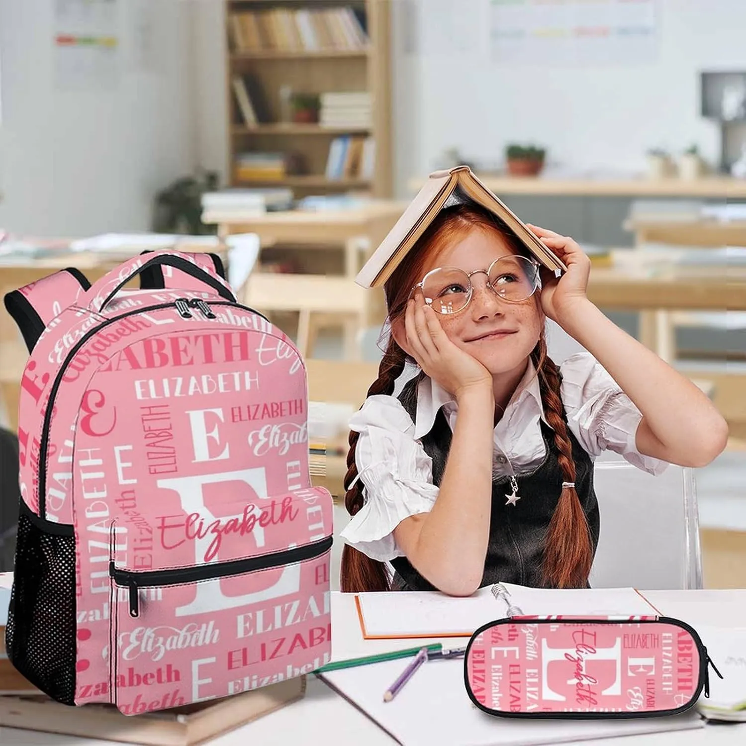 Custom Kids Backpacks, 3 in 1 Girls School Backpack Set for Students, Personalized Pink Bookbag with Lunchbag Matching Combo for Kindergarten Preschool Elementary, Back to School Supplies
