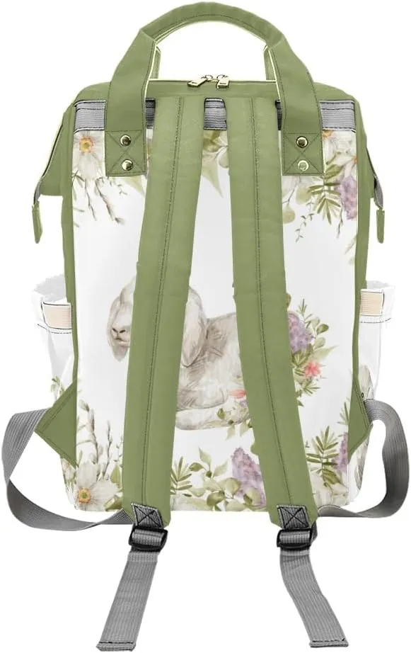 Custom Name Diaper Bag Backpack Spring Greenery Floral Sheep Clear Up Clutter: Big Capacity Waterproof Bag with Extra Compartments
