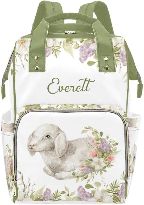 Custom Name Diaper Bag Backpack Spring Greenery Floral Sheep Clear Up Clutter: Big Capacity Waterproof Bag with Extra Compartments