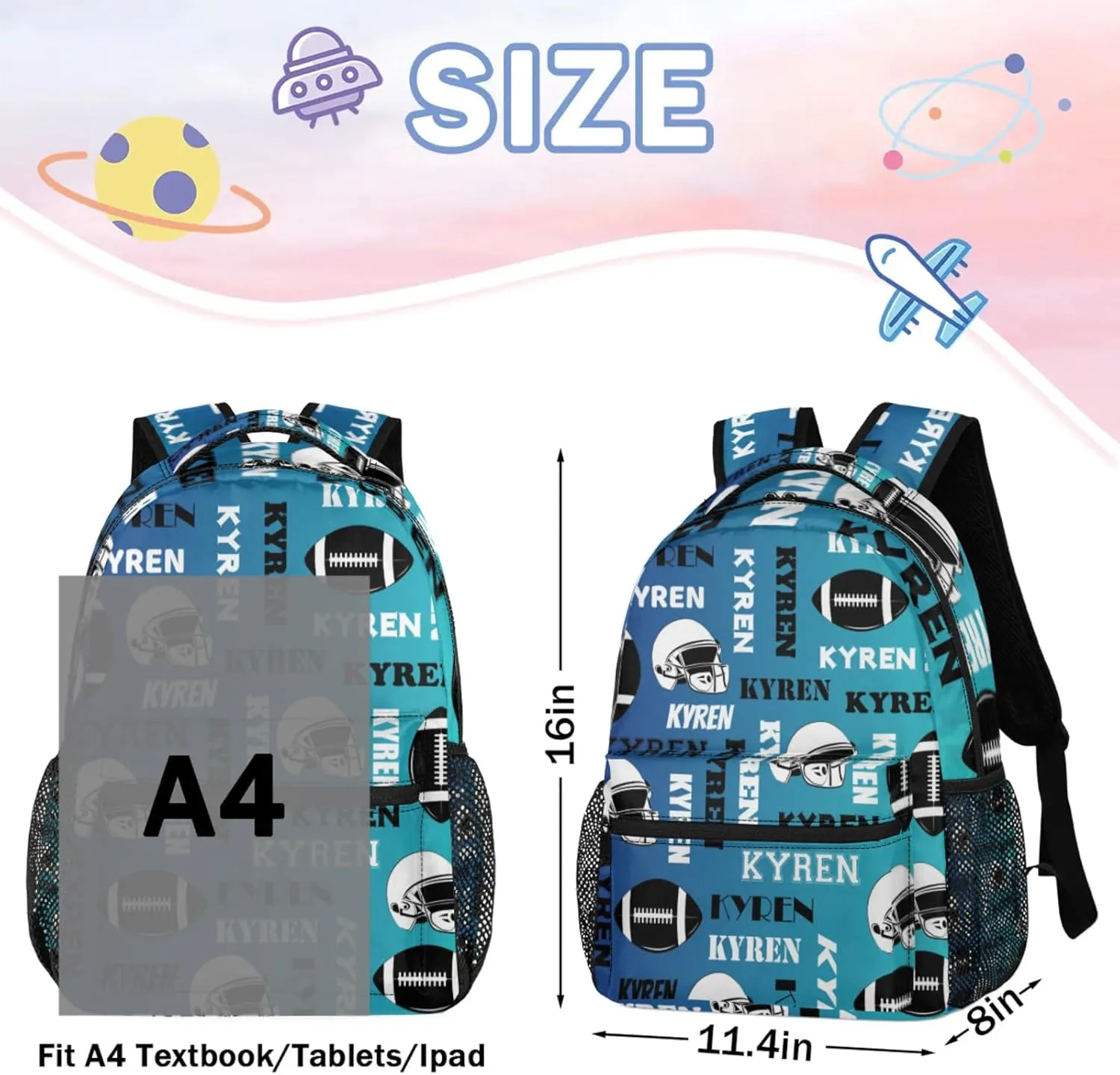 Custom Name Football Backpack for Men Women, Personalized Sports Bag Backpack, Laptop Backpacks Daypack for Travel Camping, Blue