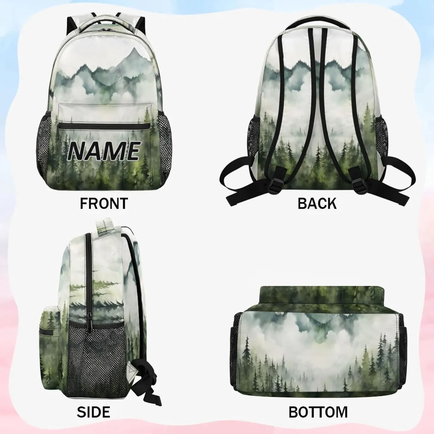 Custom Pine Trees Backpack with Name Personalized Waterproof Casual Daypack Pine Trees Landscape Customize Laptop Backpacks for Women Men
