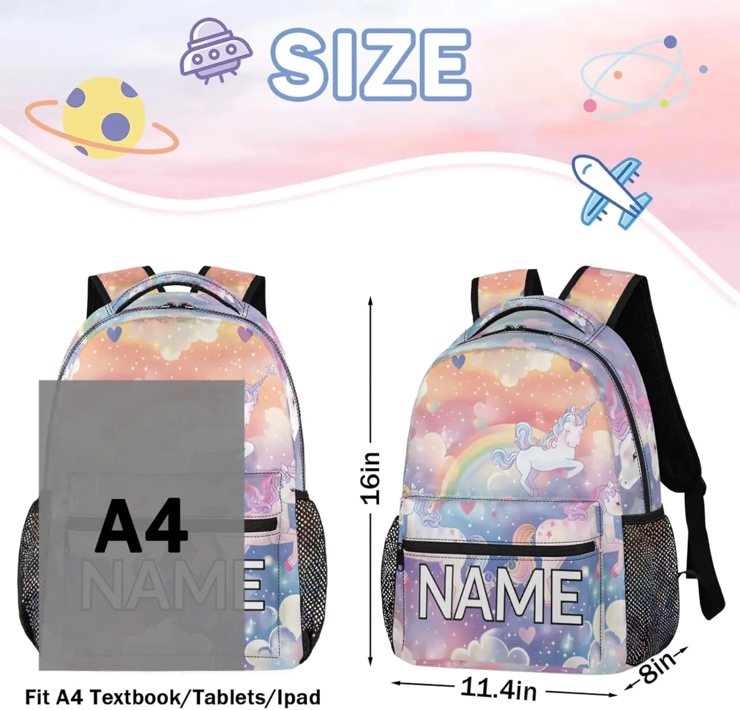 Custom Pink Unicorn Backpack with Name Personalized Waterproof Casual Daypack Fantasy Rainbow Customize Laptop Backpacks for Women Men