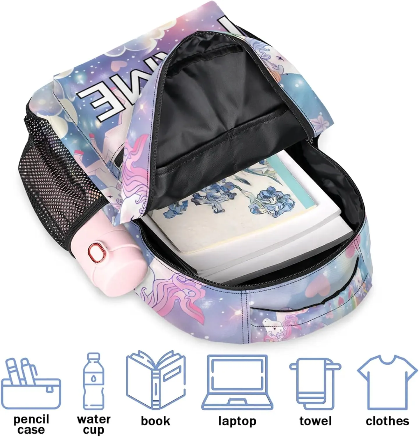 Custom Pink Unicorn Backpack with Name Personalized Waterproof Casual Daypack Fantasy Rainbow Customize Laptop Backpacks for Women Men