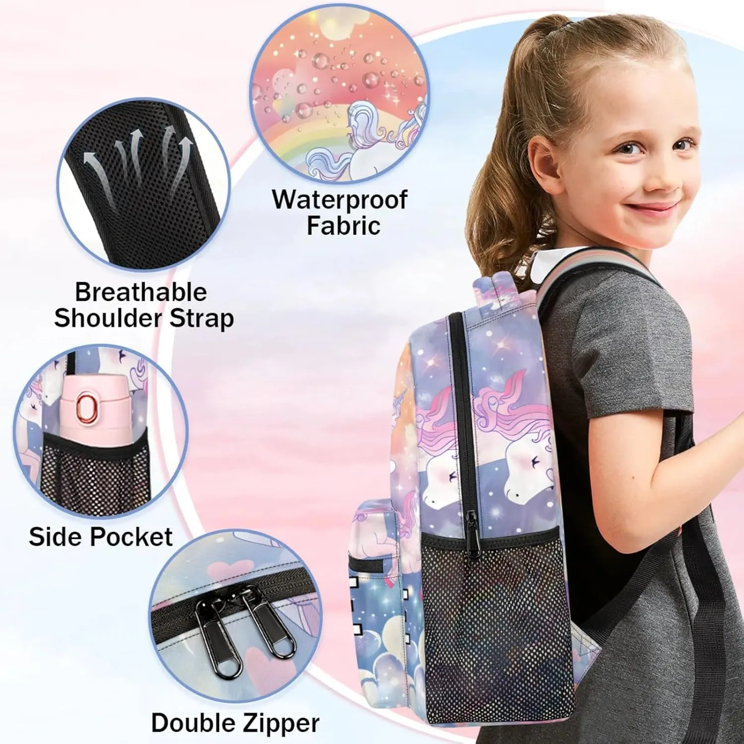 Custom Pink Unicorn Backpack with Name Personalized Waterproof Casual Daypack Fantasy Rainbow Customize Laptop Backpacks for Women Men