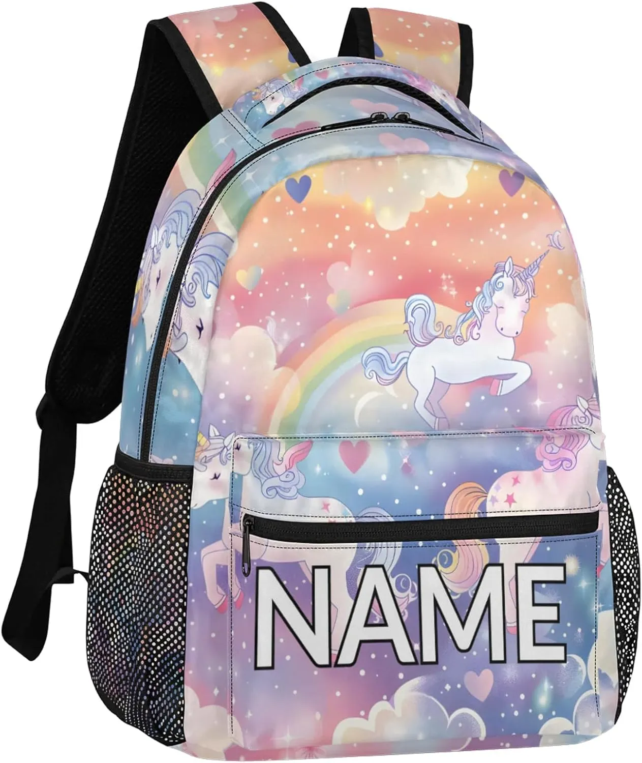 Custom Pink Unicorn Backpack with Name Personalized Waterproof Casual Daypack Fantasy Rainbow Customize Laptop Backpacks for Women Men