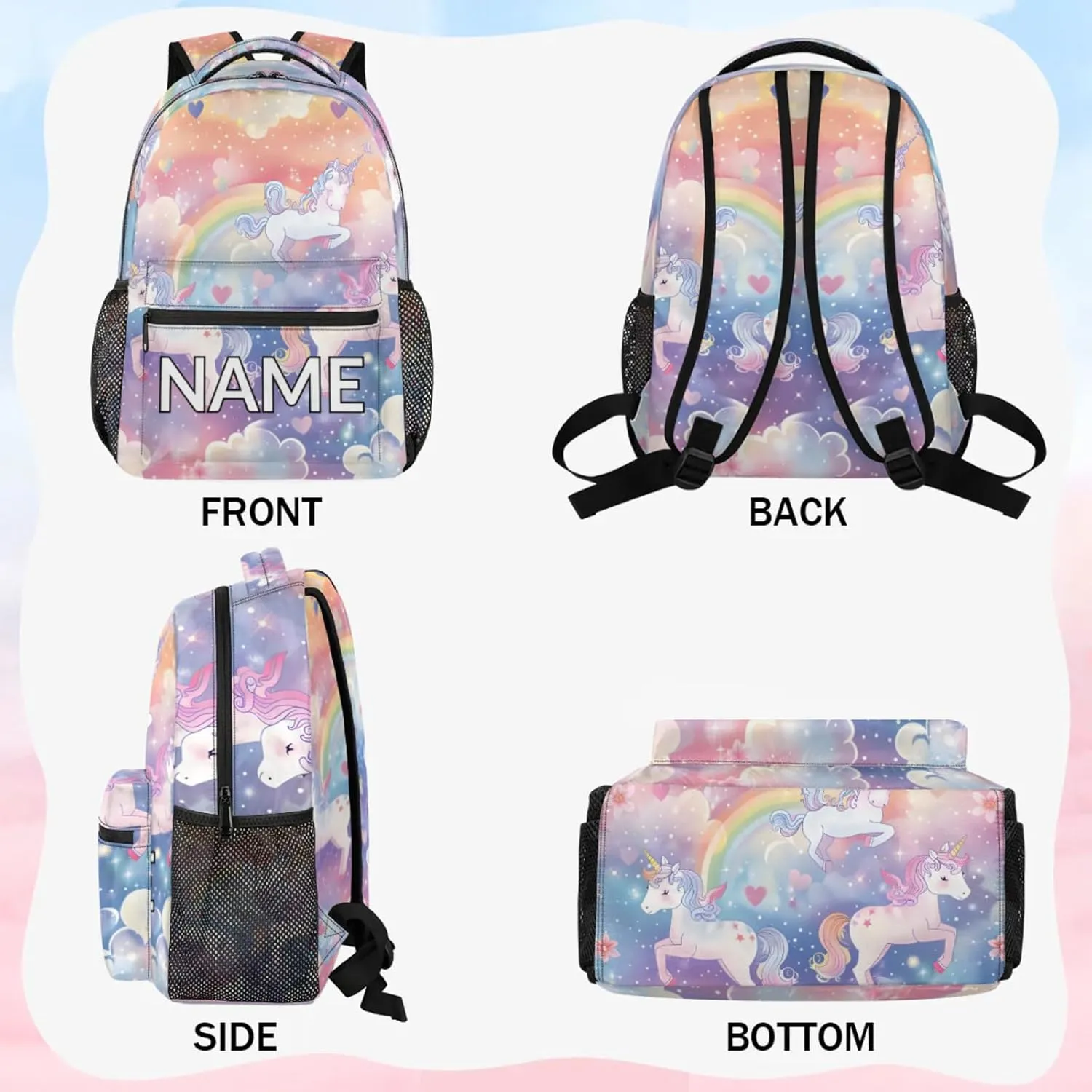 Custom Pink Unicorn Backpack with Name Personalized Waterproof Casual Daypack Fantasy Rainbow Customize Laptop Backpacks for Women Men