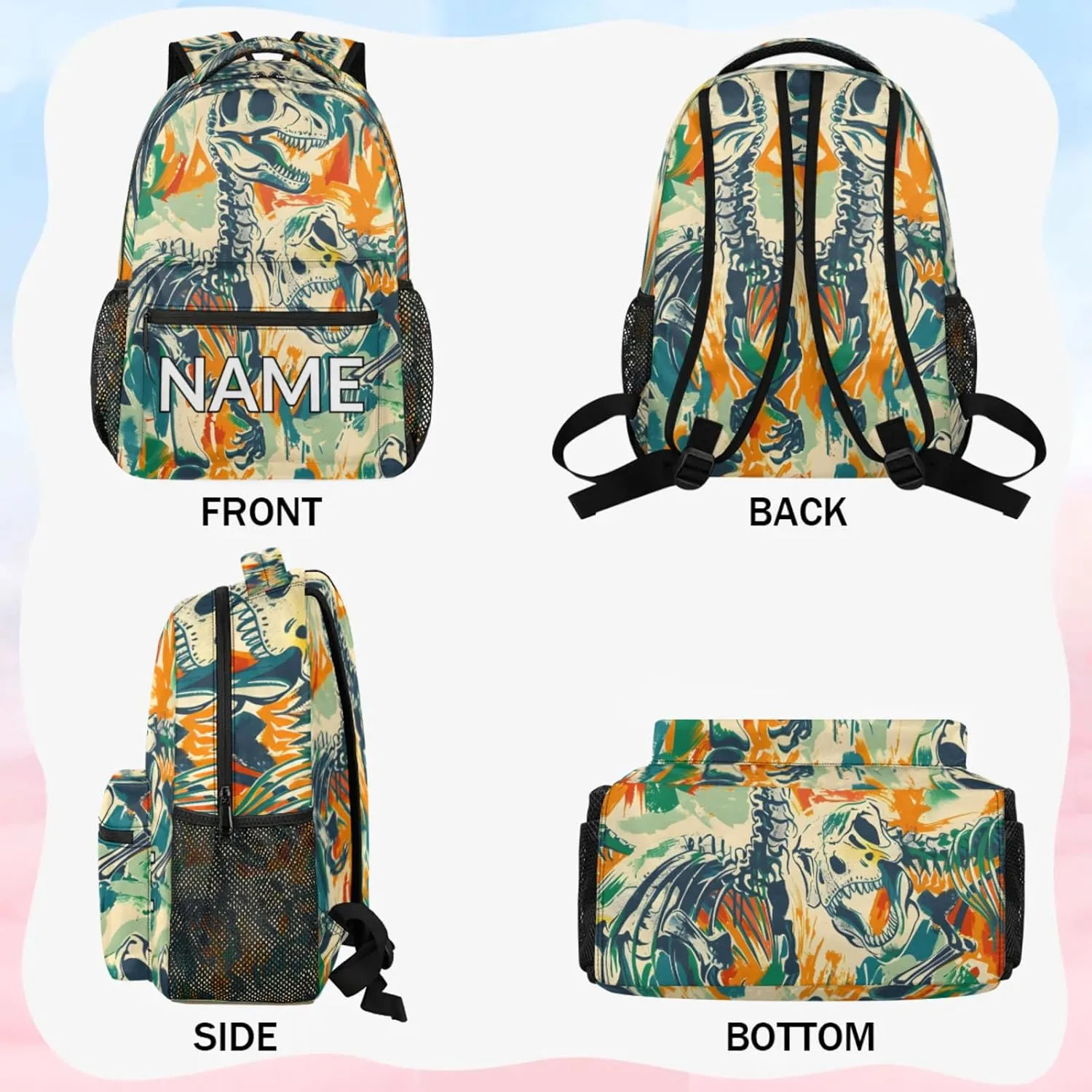 Custom Skeleton Dinosaurs Backpack with Name Personalized Waterproof Casual Daypack Colorful Historic Customize Laptop Backpacks for Women Men