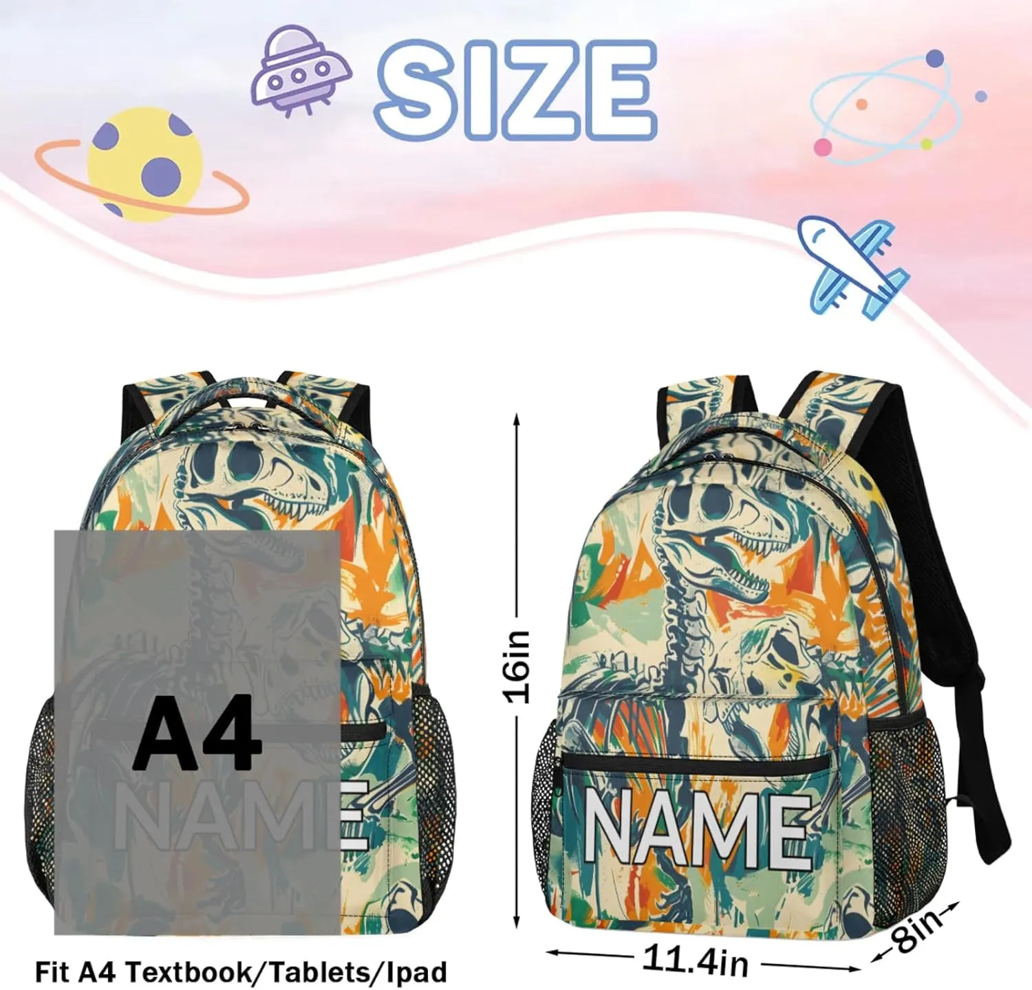 Custom Skeleton Dinosaurs Backpack with Name Personalized Waterproof Casual Daypack Colorful Historic Customize Laptop Backpacks for Women Men