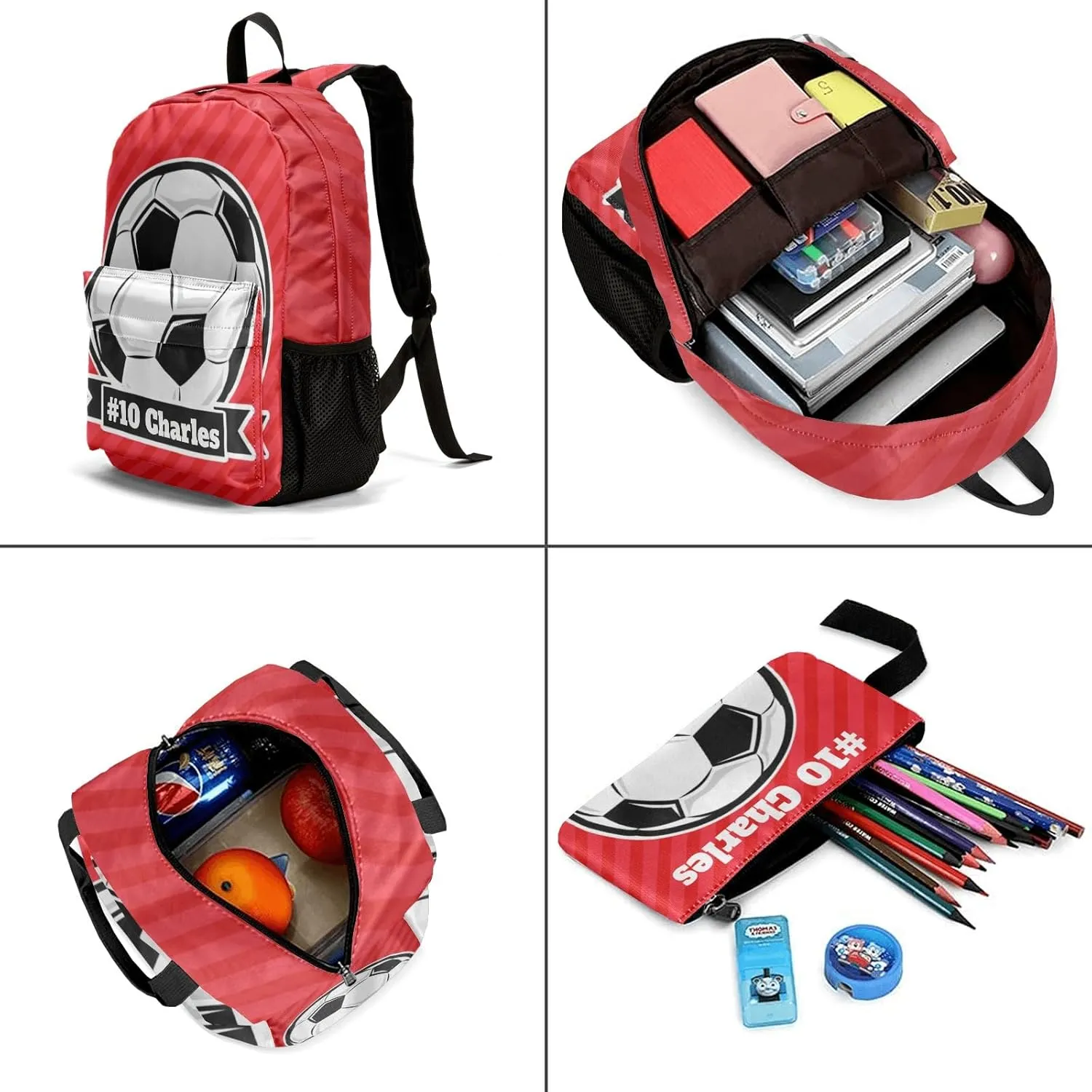 Custom Soccer Backpacks Set with Name Text Large Capacity Lunch Bag Pencil Bag Student Schoolbag Ball Red Stripes