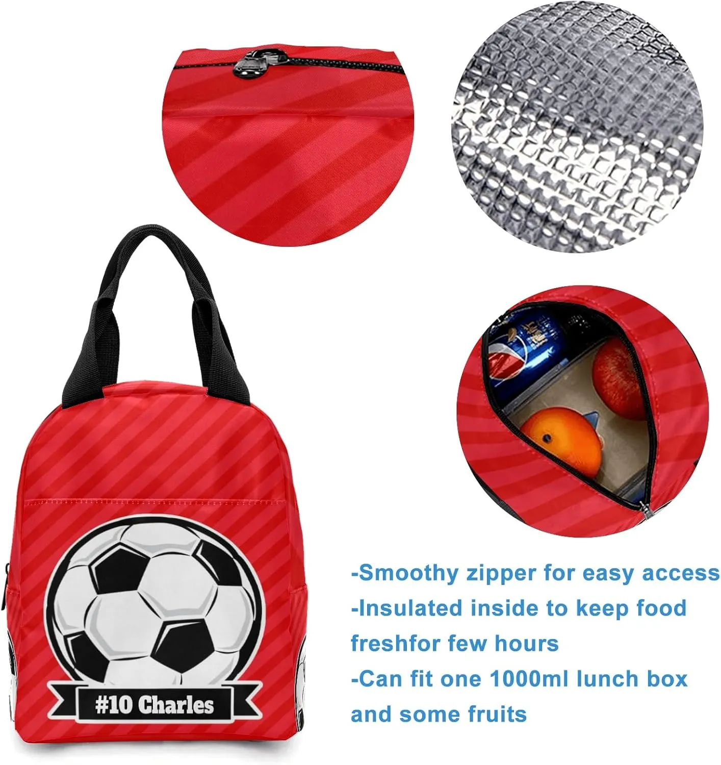 Custom Soccer Backpacks Set with Name Text Large Capacity Lunch Bag Pencil Bag Student Schoolbag Ball Red Stripes