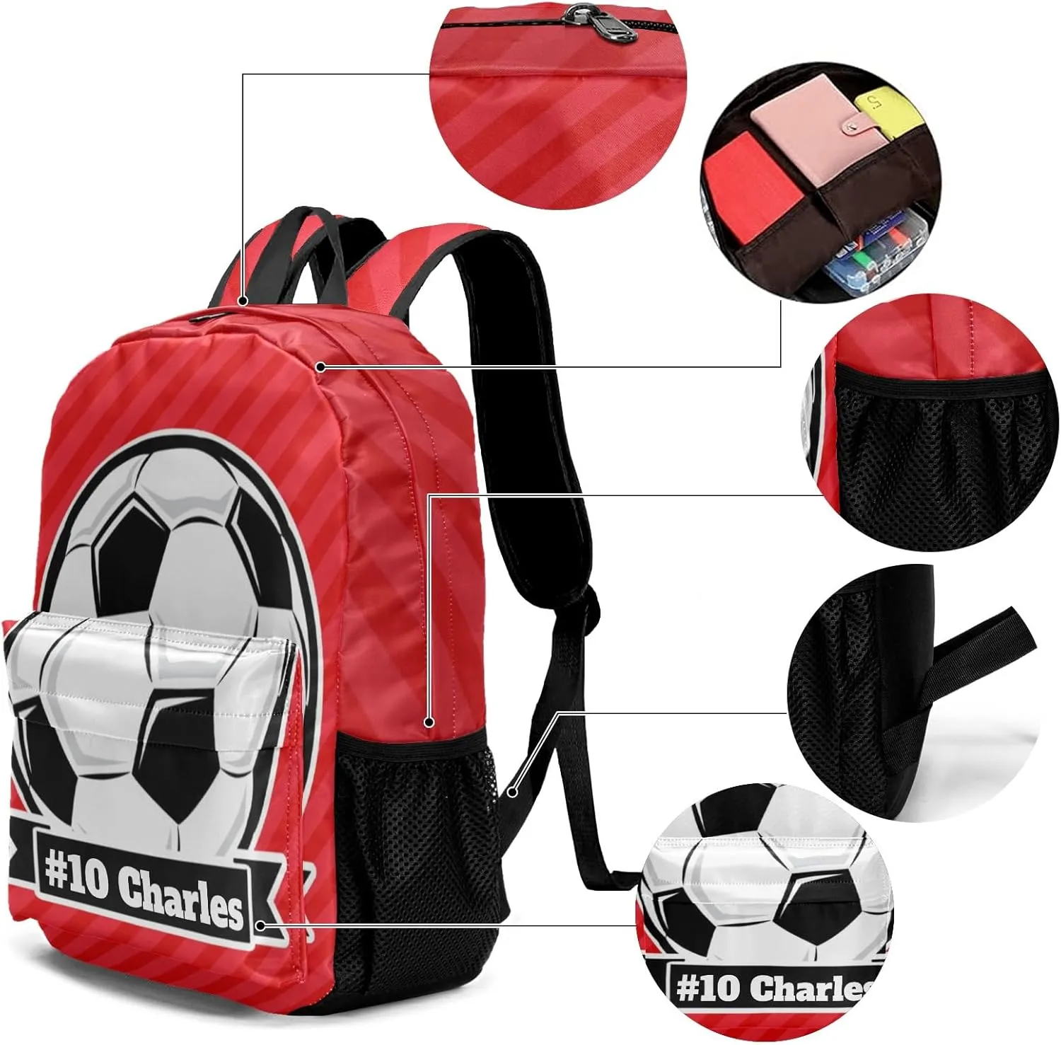 Custom Soccer Backpacks Set with Name Text Large Capacity Lunch Bag Pencil Bag Student Schoolbag Ball Red Stripes