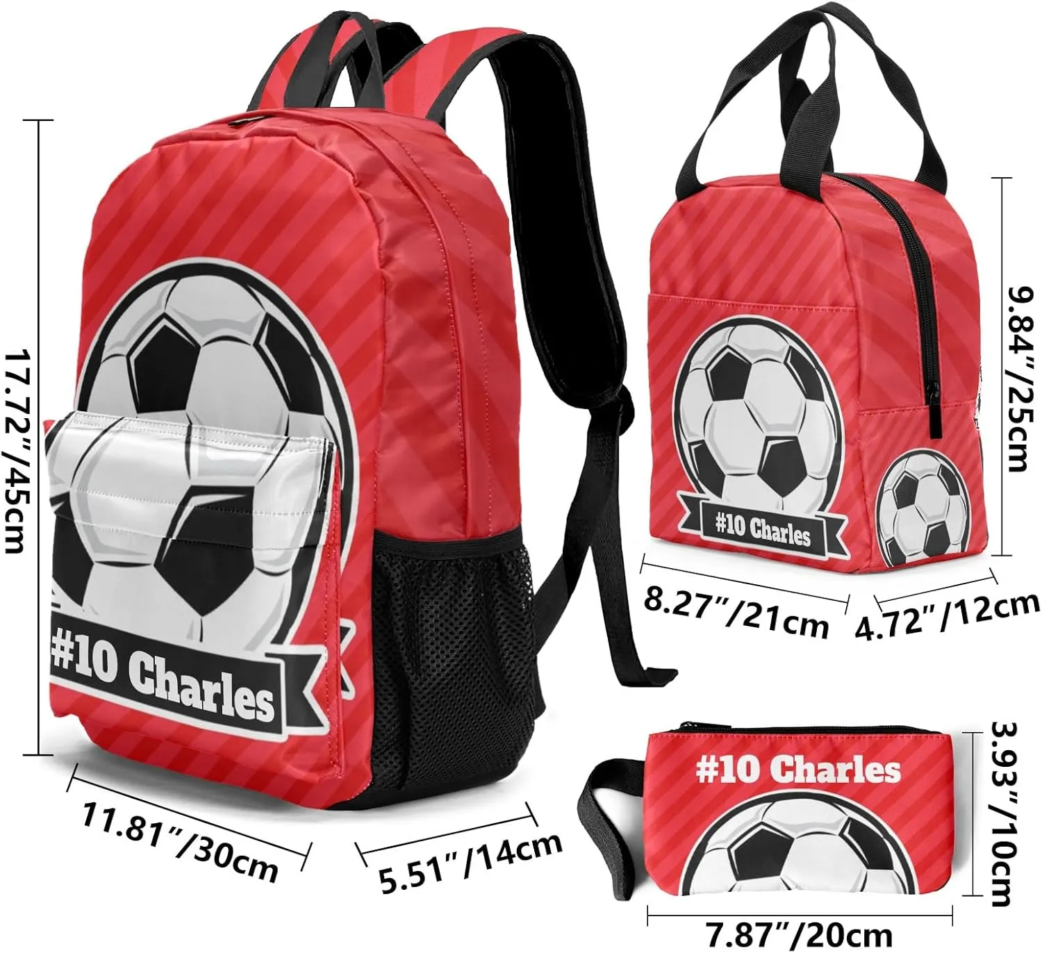 Custom Soccer Backpacks Set with Name Text Large Capacity Lunch Bag Pencil Bag Student Schoolbag Ball Red Stripes