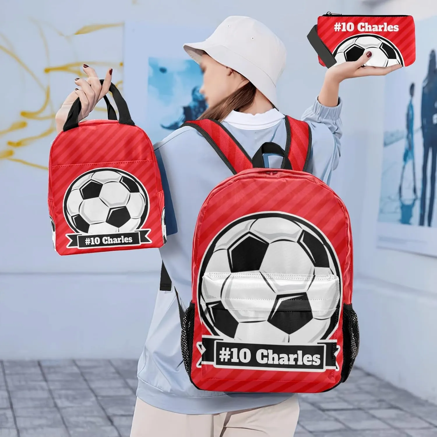 Custom Soccer Backpacks Set with Name Text Large Capacity Lunch Bag Pencil Bag Student Schoolbag Ball Red Stripes